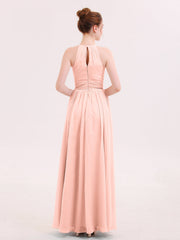 Halter Long Chiffon Dress of Bridesmaids Coral