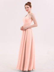 Halter Long Chiffon Dress of Bridesmaids Coral