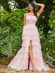 Corset Bodice Illusion Top Tulle Tiered Dresses Blushing Pink