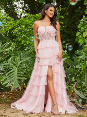 Corset Bodice Illusion Top Tulle Tiered Dresses Blushing Pink