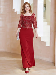 Square Neck 3/4 Sleeves Floor-length Dress Burgundy