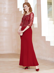 Square Neck 3/4 Sleeves Floor-length Dress Burgundy