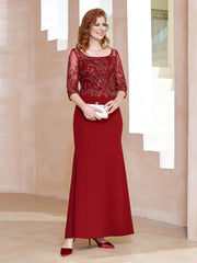 Square Neck 3/4 Sleeves Floor-length Dress Burgundy