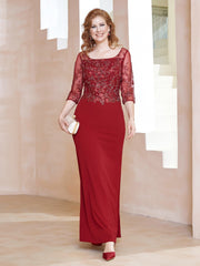 Square Neck 3/4 Sleeves Floor-length Dress Burgundy