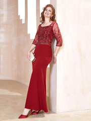 Square Neck 3/4 Sleeves Floor-length Dress Burgundy
