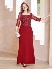 Square Neck 3/4 Sleeves Floor-length Dress Burgundy