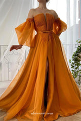 Fashion Pleating Tulle High Slit A-line Off The Shoulder Prom Dresses, CP0792