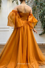 Fashion Pleating Tulle High Slit A-line Off The Shoulder Prom Dresses, CP0792