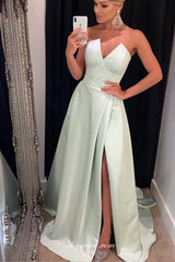Fashion Strapless Satin Side Slit A-line Elegant Prom Dresses, CP0677