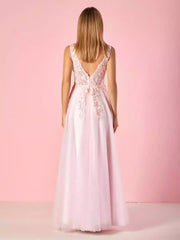 Fashionable and exquisite A-line V-neck and chiffon lace applique tight corset with zipper back Prom Dresses