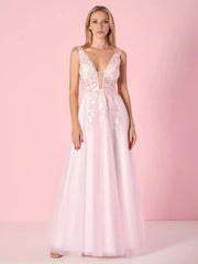 Fashionable and exquisite A-line V-neck and chiffon lace applique tight corset with zipper back Prom Dresses