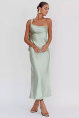 Fashionable satin extra long single shoulder strap with ruffled edges, no lining, invisible side zipper Prom Dresses