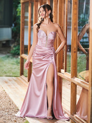 Illusion Strapless Sweetheart Pleated Slim Maxi Gown with Rhinestones Dusty Rose