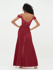Off Shoulder Max Velvet Dresses with Silt Burgundy