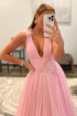 Feathers Backless Pink Plunging V-Neck Tulle Long Formal Dress TP1197