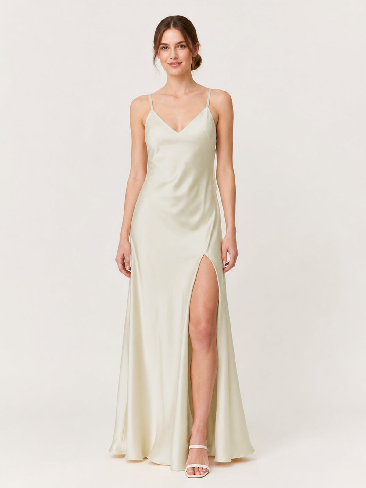 Spaghetti Strap Satin Maxi Dress with Back Bow Detail Ivory