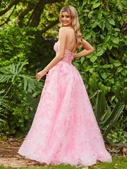 Corset Bodice Sweep/Brush Train A-line Dress Candy Pink