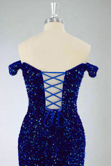 Fitted Royal Blue Off-the-Shoulder Sequin Mini Dress