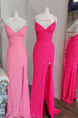 Sexy Pink Spaghetti Straps V-Neck Sequined Mermaid Long Party Dress with Slit