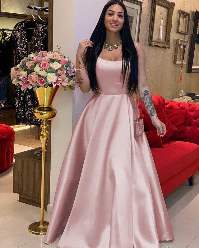 Floor Length Satin Prom Dresses Open Back