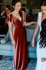 Mismatched Copper Bridesmaid Dress Velvet V Neck Mermaid Wedding Guest Dress