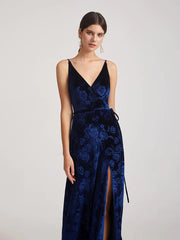 Floral Pattern V Neck Velvet Bridesmaid Dresses With Sash