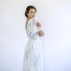 Floral Embroidered Tulle Floor Length Wedding Dress Boho V-Neck Bridal Gown With Sheer Flutter Sleeves