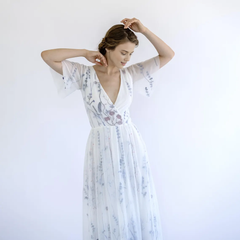 Floral Embroidered Tulle Floor Length Wedding Dress Boho V-Neck Bridal Gown With Sheer Flutter Sleeves