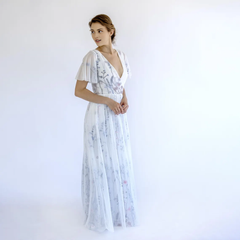 Floral Embroidered Tulle Floor Length Wedding Dress Boho V-Neck Bridal Gown With Sheer Flutter Sleeves
