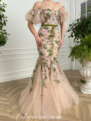 Floral Embroidery Tulle Nude Off The Shoulder Mermaid Prom Dresses, CP0770