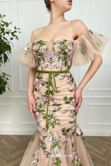 Floral Embroidery Tulle Nude Off The Shoulder Mermaid Prom Dresses, CP0770