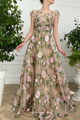 Floral Embroidery Tulle Nude Short Sleeves A-line Prom Dresses, CP0769