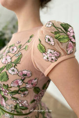 Floral Embroidery Tulle Nude Short Sleeves A-line Prom Dresses, CP0769
