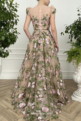 Floral Embroidery Tulle Nude Short Sleeves A-line Prom Dresses, CP0769