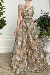 Floral Embroidery Tulle Nude Short Sleeves A-line Prom Dresses, CP0769
