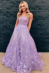 Floral Long Violet Purple Lace Prom Dresses Lilac 2024 Formal Evening Dresses Pockets