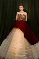 Floral Printed Satin Burgundy Ivory Ball Gown Strapless Princess Dresses, CP0793