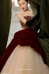 Floral Printed Satin Burgundy Ivory Ball Gown Strapless Princess Dresses, CP0793