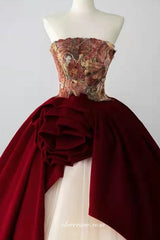 Floral Printed Satin Burgundy Ivory Ball Gown Strapless Princess Dresses, CP0793