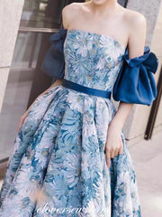 Floral Printed Satin Strapless With Detachable Sleeves Prom Dresses, CP0835
