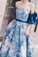 Floral Printed Satin Strapless With Detachable Sleeves Prom Dresses, CP0835