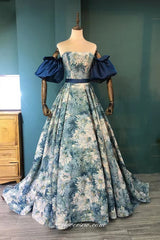 Floral Printed Satin Strapless With Detachable Sleeves Prom Dresses, CP0835