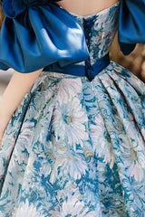Floral Printed Satin Strapless With Detachable Sleeves Prom Dresses, CP0835