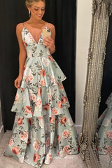 Floral Satin Spaghetti Strap A-line Prom Dresses, CP0695