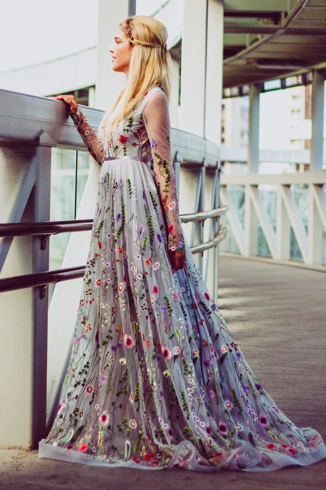 Flower Wedding Dress In Gray Color Wedding Dress With Long Sleeves Embroidery Floral Bridal Gown In Grey Embroidered Wedding Dress From Tulle