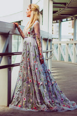 Flower Wedding Dress In Gray Color Wedding Dress With Long Sleeves Embroidery Floral Bridal Gown In Grey Embroidered Wedding Dress From Tulle