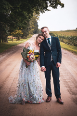 Flower Wedding Dress In Gray Color Wedding Dress With Long Sleeves Embroidery Floral Bridal Gown In Grey Embroidered Wedding Dress From Tulle