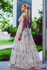 Flower Wedding Dress In Gray Color Wedding Dress With Long Sleeves Embroidery Floral Bridal Gown In Grey Embroidered Wedding Dress From Tulle