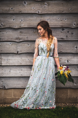 Flower Wedding Dress In Gray Color Wedding Dress With Long Sleeves Embroidery Floral Bridal Gown In Grey Embroidered Wedding Dress From Tulle