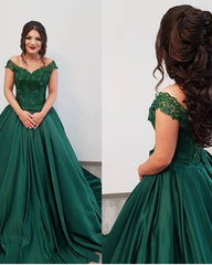 Flowers Beaded Off Shoulder Satin Ball Gown Wedding Dress